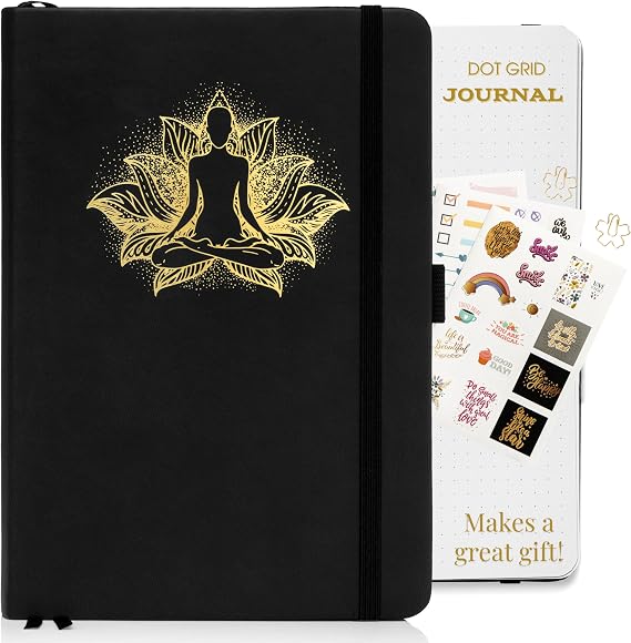 Leather Dot Grid Journal: Yoga Lotus Gold Foil Cover | 160 Pages | Lay-Flat Hardcover Notebook with Ribbon Bookmark, Elastic Closure & 3 Sticker Sheets