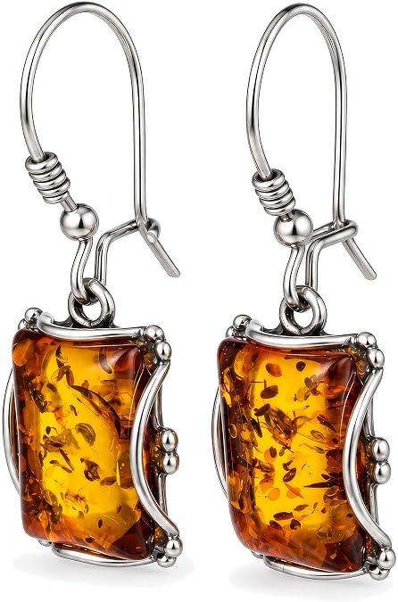 Sterling Silver Baltic Honey Amber Rectangle Drop Earrings Genuine 925 Silver Amber Dangle Earrings with Kidney Hook, Natural Baltic Amber Jewelry for Women