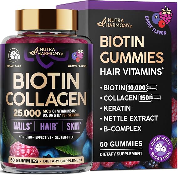 Biotin Gummies for Hair Growth Support - for Women & Men - Berry, 60 Gummy | Biotin 10000mcg, Collagen, Keratin, Hyaluronic Acid, B-Complex, Saw Palmetto - Hair, Skin & Nail Strengt Support - Sugar-Free