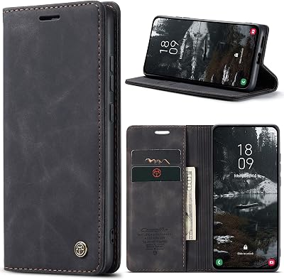 Flip Wallet Case for Samsung Galaxy S25 Edge, Leather Magnetic Folio Cover with Card Holder, Kickstand Durable - TPU Shockproof Protective Phone Case - Black