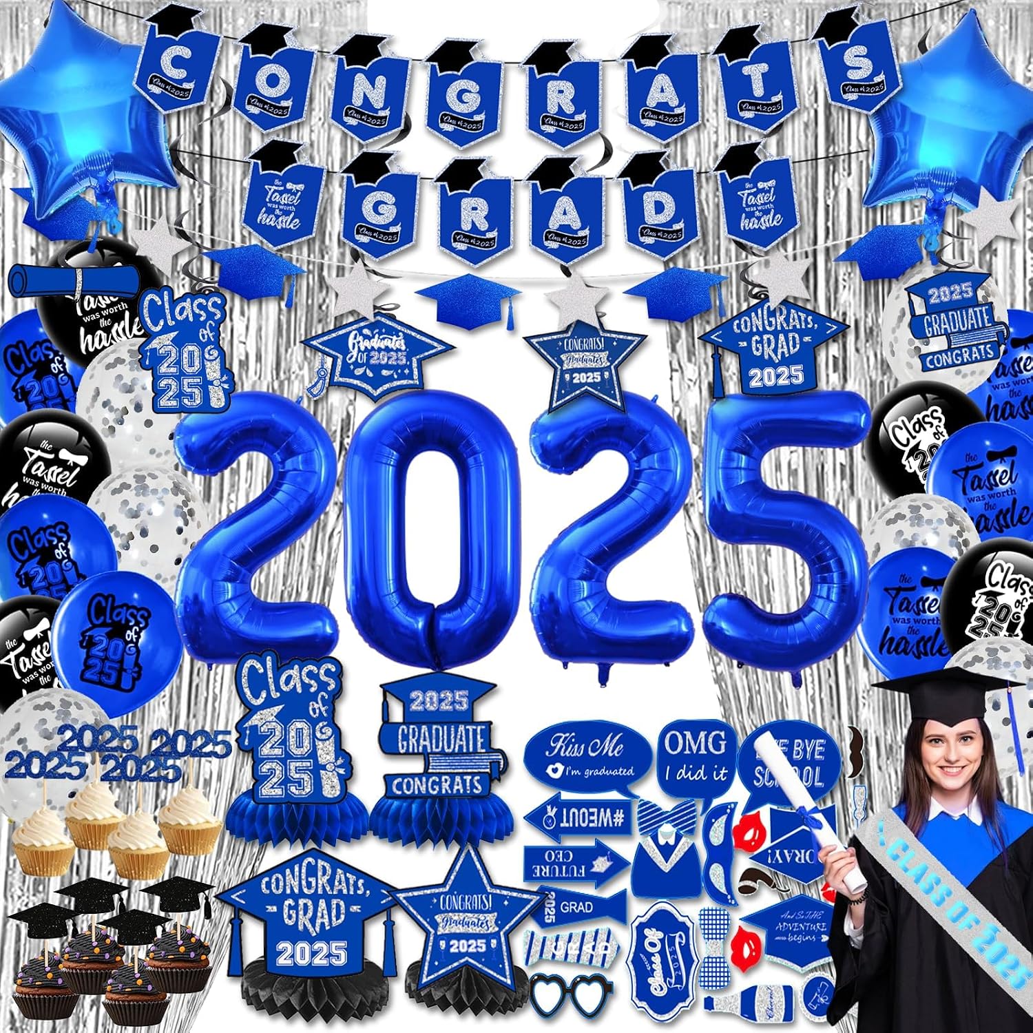 Graduation Decorations 2025-Blue Graduation Party Decorations Supplies Class of 2025 with Banner, Balloons, Centerpieces, Cupcake Toppers, Fringe Curtains, Hanging Swirls, Photo Props, Sash