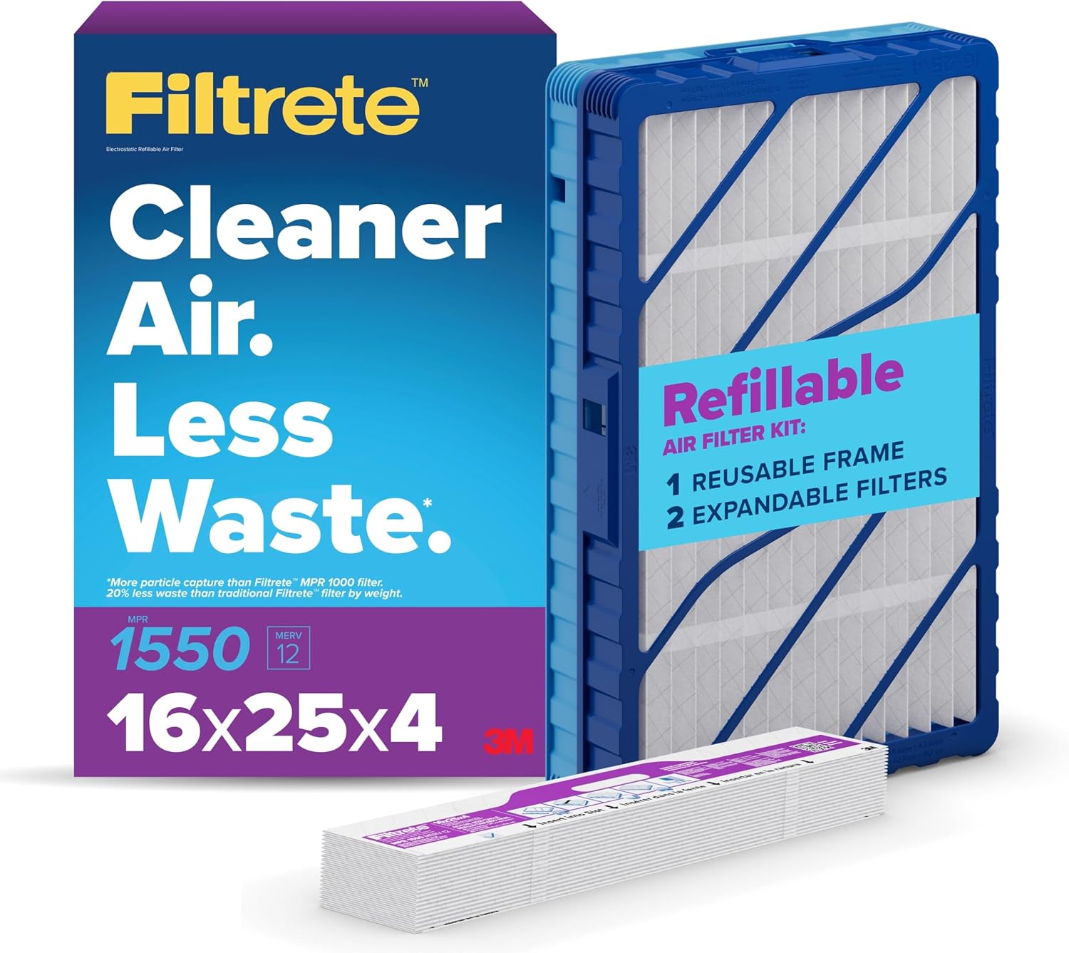 Filtrete 16x25x4 Refillable Air Filter Starter Kit, MPR 1550, MERV 12, 1 Reusable Air Filter Frame & 2 Air Filters, Fits Honeywell & Lennox, Allergen Bacteria & Virus, actual size 15.88 x 24.62 x 4.25