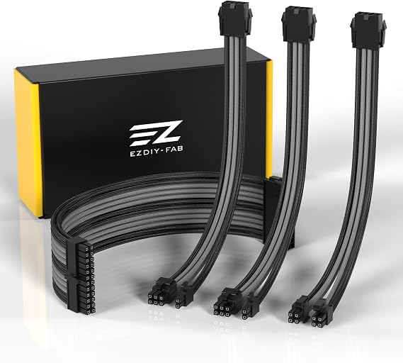 EZDIY-FAB PSU Cable Extension Kit, 18AWG Sleeved, 30cm, Black Grey