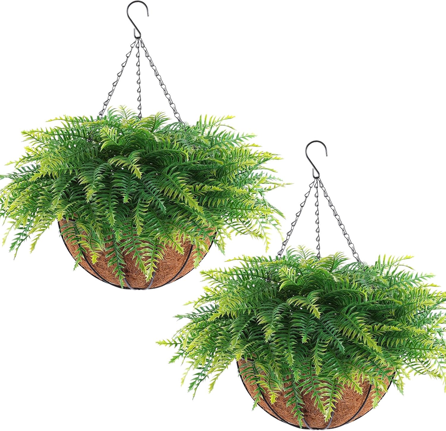 2 Set Artificial Hanging Fern Plants Outdoor Fake Hanging Ferns Planter, UV Resistant Faux Fern Plant Baskets for Outdoors Patio Garden Home Decor Plastic, 2