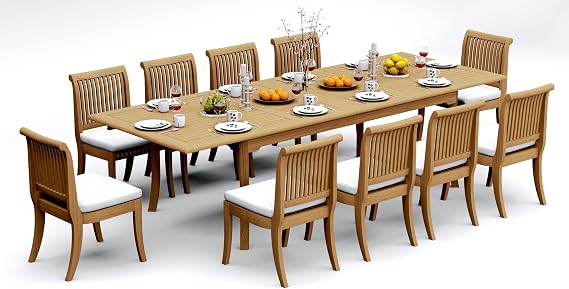 10 Seater Grade-A Teak Wood 11 Pc Dining Set: 118" Double Extension Rectangle Table and 10 Giva Armless Chairs #31GV2400