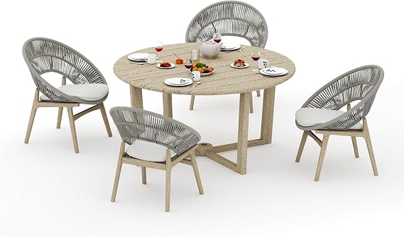 4 Seater Grade-A Weathered Teak Wood 5 Pc Dining Set: 60" SEMA Round Table and 4 Robas Arm Chairs #31Ro3504