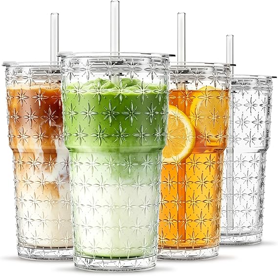 INSETLAN 20oz Glass Tumblers with Lids and Straws, Set of 4, Thick-Walled Drinking Glasses for Iced Coffee, Smoothies, Matcha, Water, Juice, Elegant Sparkling Star Glass Cups for Daily Use and Travel