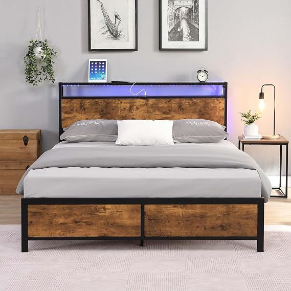Modern Industrial Bed Frame with LED Lights, Industrial Metal Platform & LED Bed Frame with 2-Tier Storage Headboard, USB Ports, Charging Station, Noise Free, No Box Spring Needed (Full)