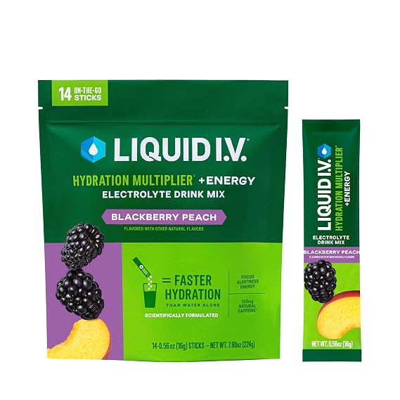 Liquid I.V. Hydration Multiplier+Energy | Blackberry-Peach | Electrolyte Powder Drink Mix | 3 Pack (42 Servings)