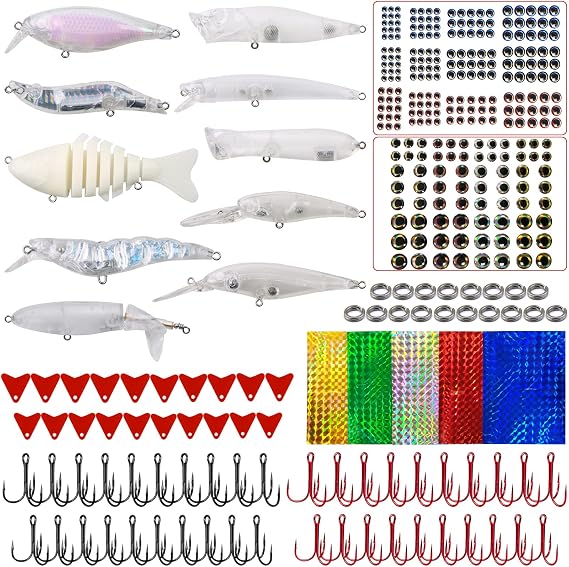 Unpainted Fishing Lures Making Kit DIY Blank Lures Crankbaits Minnow Jerkbait Hard Bait Set with Treble Hooks, Split Rings, Lure Eyes, Stickers, Make Your Own Fishing Lures