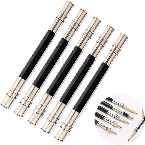 12 Pcs Pencil Extender for Artists, Colored Pencils Extender Art Pencils Lengthener, Adjustable Dual Metal Head Pencil Extension Holder for School, Office, Writing, Sketch, Drawing Pencils