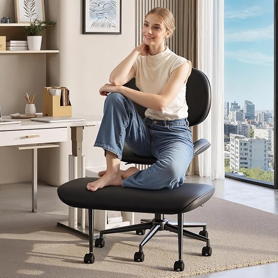 Pinmoco Upgraded Cross Legged Office Chair with Wheels, ADHD Chair for Adults, Wider Height Adjustable Backrest and Seat, Meditation Chair, Ergonomic & Yoga Office Chair, PU Leather, Black