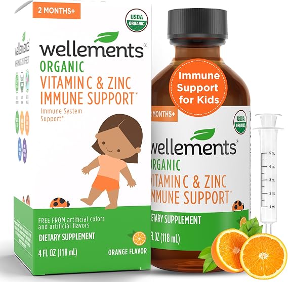 Wellements Organic Kids Immune Support* Syrup Vitamin C & Zinc 2 Months+ | Immune Support* for Kids & Toddlers, Orange Flavor | Free from Dyes, Parabens & Top 9 Most Common Allergens (4 Fl Oz)