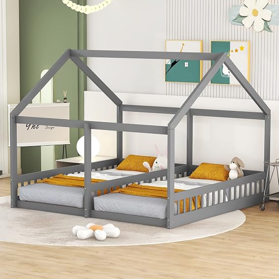 Bellemave Double Twin House Beds, Montessori Bed Twin Size Floor Bed with Rails and Roof, Solid Wood Platform Bed Frame with Slats, for Teens Girls Boys (Gray)