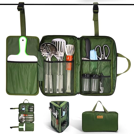 E EASTSTORM Camping Accessories Kitchen Utensil Set,12 Pcs Organizer Travel Kit with Multifunctional Cutlery,Stainless Steel Spoon Spatula,Tongs,Waterproof Storage Bag,Equipment