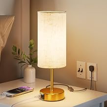 Bedside Lamps, Table Lamp for Bedroom/Living Room/Study Room/Office with USB A+C Charging Ports, Reading Light, Desk Lamp, 1.5m Cable, Linen Fabric Shade, Gold Metal Base (E27 Bulb Incl.) [Energy Class G]