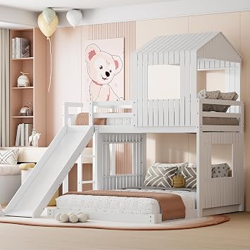 Twin Over Full House Bunk Beds with Full Size Bottom Platform Bed Frames and Slide, White