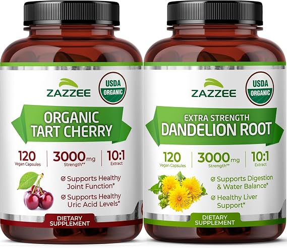 Zazzee Herbal Uric Acid Cleanse Bundle | USDA Organic Dandelion Root Extract Capsules Plus Super Concentrated 10:1 Organic Tart Cherry Extract Capsules | Non-GMO Vegan & ISO Lab Tested