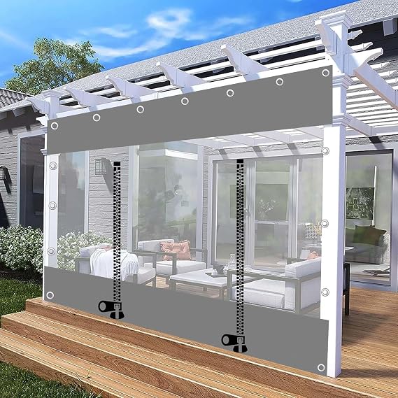 Jolan Outdoor Waterproof Clear Tarp Curtains,PVC Tarpaulin Cover with Zip,Pergola Gazebo Patio Porch Carport Grey Transparent Tarpaulin Side Panels,Rain Curtain with Grommets,WH-10.8m(3.3 * 2.6ft)