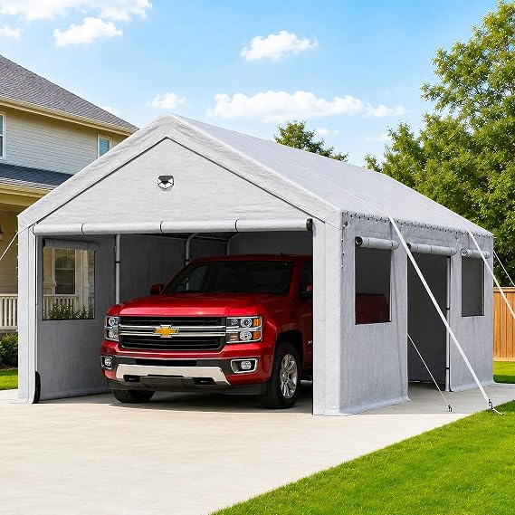 Carports Heavy Duty 10X20,Carport Canopy with Side Doors,Portable Car Port Garage,Outdoor Car Shelter All Weather,Gray