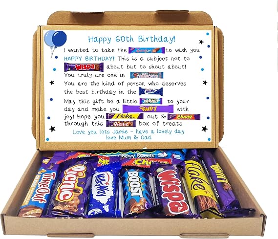 Personalised Birthday Gift 21st 18th 30th 40th Poem Chocolate Treats Box Hamper Sweet Present Gift for all ages Him/Her - Blue 60th