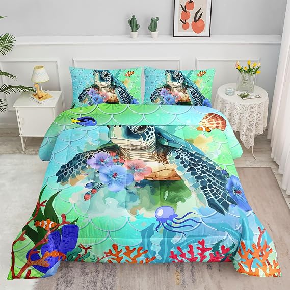 Summer Ocean Comforter Set Mermaid Scale Turtle Printed Bedding Set with 1 Comforter and 2 Pillowcases for Boys and Girls Bedroom All Season(Turtle-3 Twin)