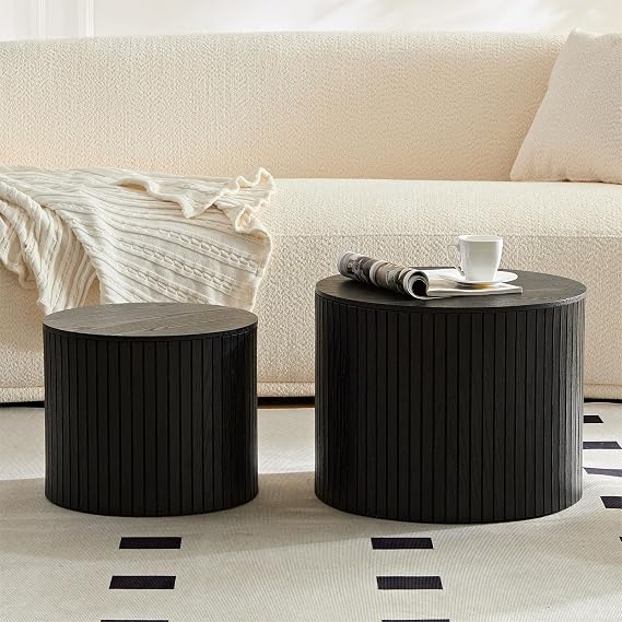 Round Nesting Coffee Table Set of 2, 19.17Wood Side Tables with Storage | Modern Wooden Circle Accent Tables with Non-Slip Feet, Drum Side Table for Small Spaces Living Room, Bedroom, Office-Black