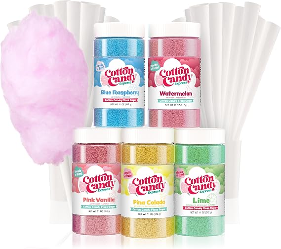 Cotton Candy Express Floss Sugar Variety Pack with 5 - 11oz Plastic Jars of Lime, Watermelon, Pina Colada, Blue Raspberry, Pink Vanilla Flossing Sugars Plus 50 Paper Cotton Candy Cones