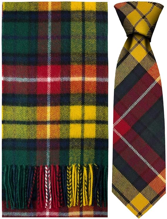 Men's 100% Lambswool Soft Scottish Buchanan Modern Tartan Scarf + Tie