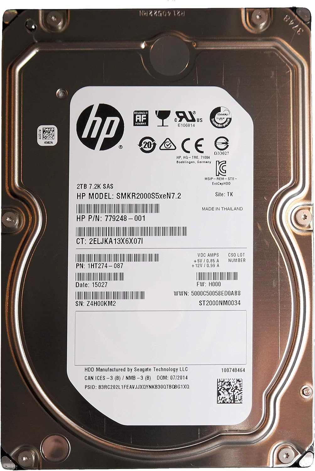 HPE 2TB SMKR2000S5xeN7.2 ST2000NM0034 779248-001 1HT274-087 7.2K SAS 12Gbps 3.5" LFF