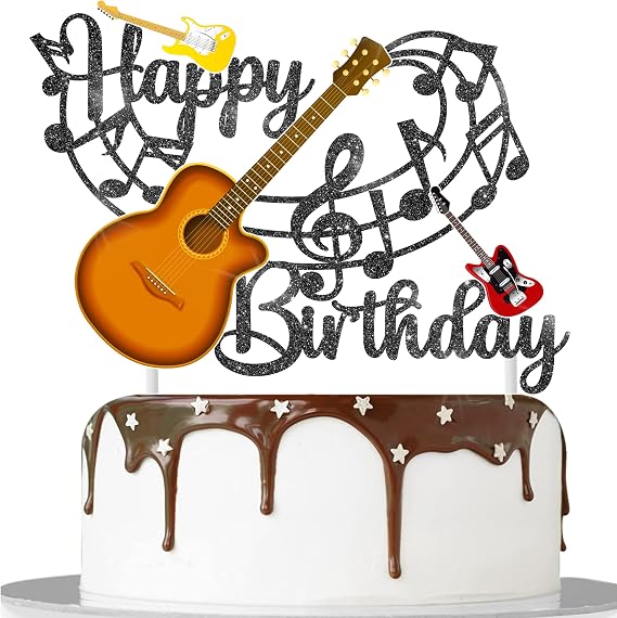 C L cooper life Guitar Happy Birthday Cake Topper Black Glitter Musical Music Notes Cake Decoration For Musician Birthday Party Rock Theme Party Guitar Theme party Supplies