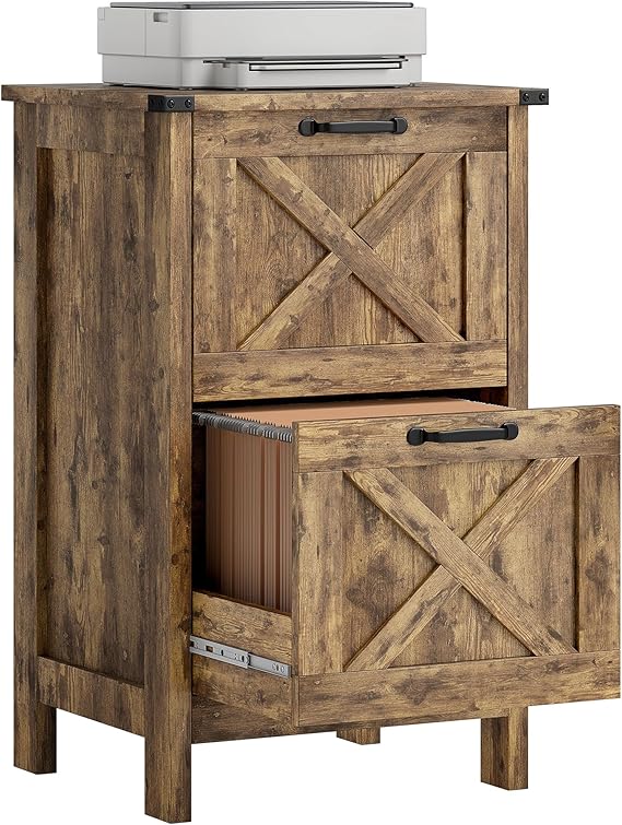 HOMCOM 2 Drawer Vertical File Cabinet, Silent Slides, Rustic Brown | Rustic Farmhouse, Filing Cabinet, Barn Doors, for A4/Letter Size, Printer Stand with Storage, for Home Office
