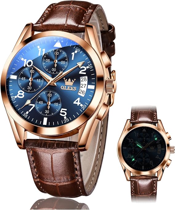 OLEVS Men's Chronograph Quartz Watches, Leather Strap Gold Case with Day Date, Waterproof Stainless Steel Wrist Watch, Luminous Hand Analog Watches for Men, Brown/Black/Blue/White Dial
