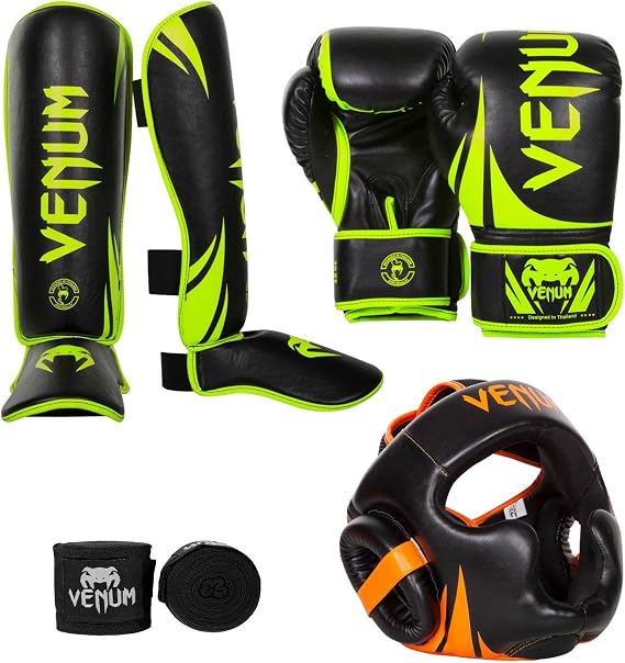 Venum Challenger 2.0 Neo Standup Bundle, Black/Yellow Gloves, Black/Yellow Shinguards, Black/Orange Headgear, Blue Handwraps, 16 oz Gloves, Medium Shinguards