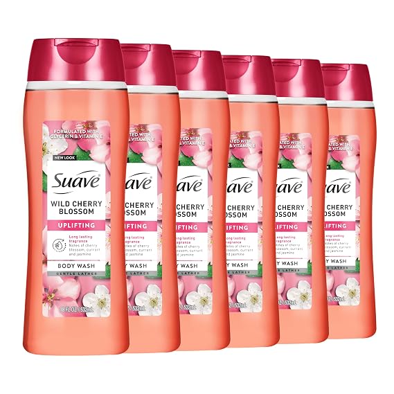 Suave Moisturizing Body Wash, with Wild Cherry Blossom and Vitamin E Extract, No Parabens, No Phtahaltes, 18 Oz Pack of 6