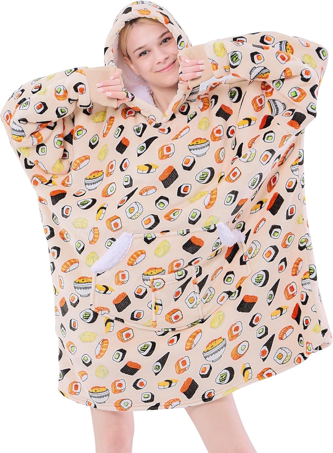 Wearable Blanket Hoodie for Adult Women, Oversized Sherpa Fleece Hooded Sweatshirt Blanket, Cozy Blanket Hoodie with Sleeves, Blanket Hoodie for Winter Gift Standard, Beige Food
