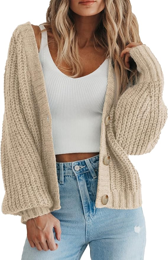 PRETTYGARDEN Women's Chunky Knit Open Front Cardigan Sweaters Fall Outfits | V Neck Button Loose Short Cardigan Outerwear Coats, Slouchy Drop Shoulder Loose Cute Sweaters, Fall Clothes for Work & Office