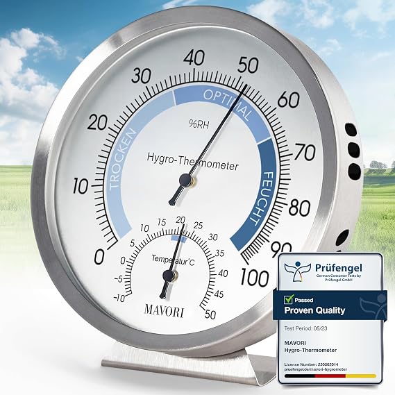 Analog Hygrometer – Thermometer Hygrometer for Indoor – Premium Stainless Steel Humidity Gauge Indicator – Mechanically Operated Temperature and Humidity Monitor – High Accuracy