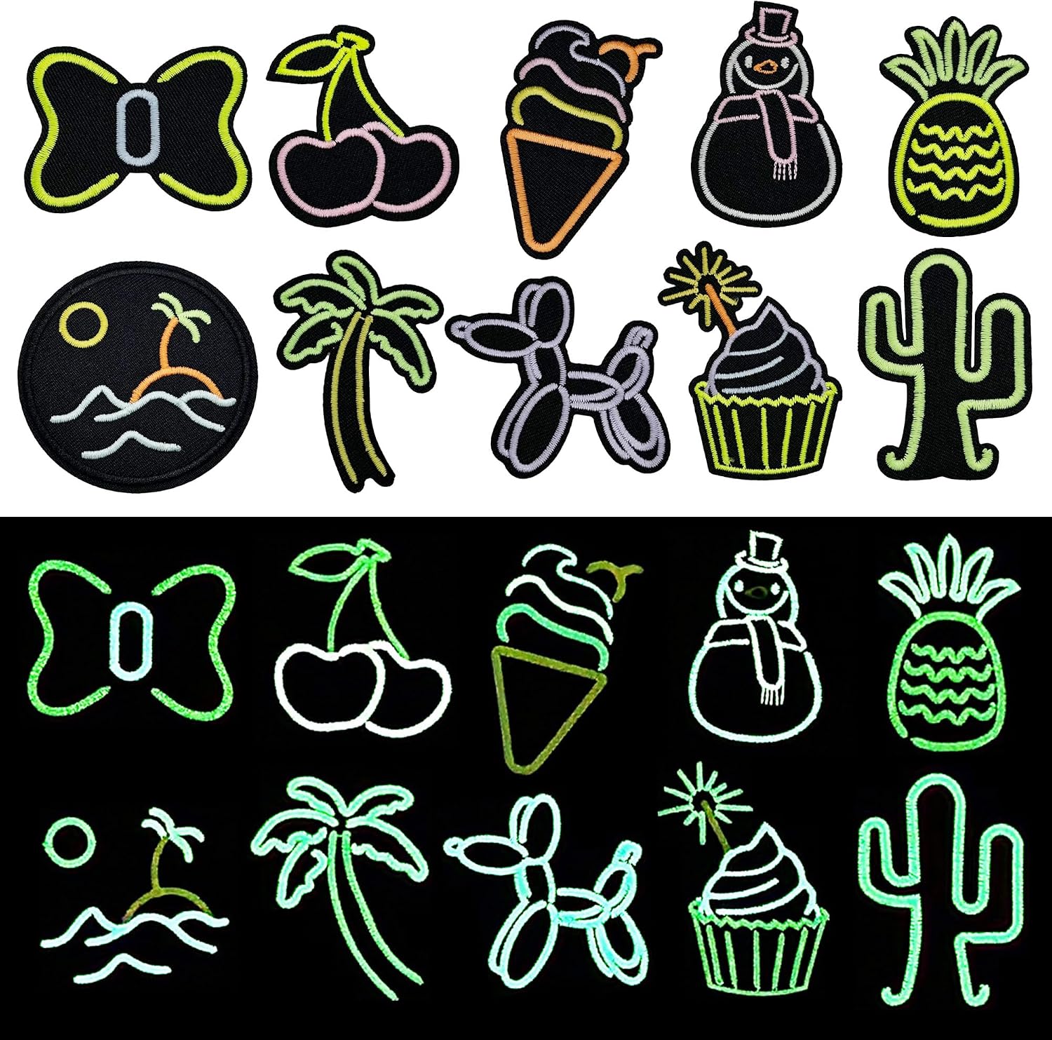 10 PCS Iron on Patches Glow in Dark Sew on Patch, Snowman Ice Cream Style Sew on Embroidered Patches, Applique Repair Emblem for Clothes, Jackets, Jeans, Backpacks and Hats