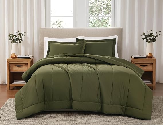Brooklyn Loom Solid Cotton Percale Olive Green King 3 Piece Comforter Set, Solid Color Themed, Oeko-TEX Certified Confidence