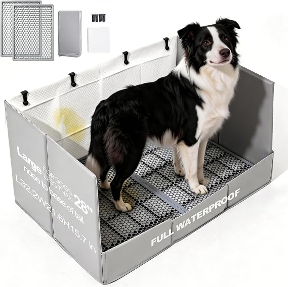 HQ4US 4LEGS Dog Litter Box with High Walls & Grate, Foldable Pee Pad Holder Tray Indoor Dog Potty for Puppy & Medium Dogs, Seamless, No Assembly, Waterproof, Easy Clean, No Spill, Portable for Travel