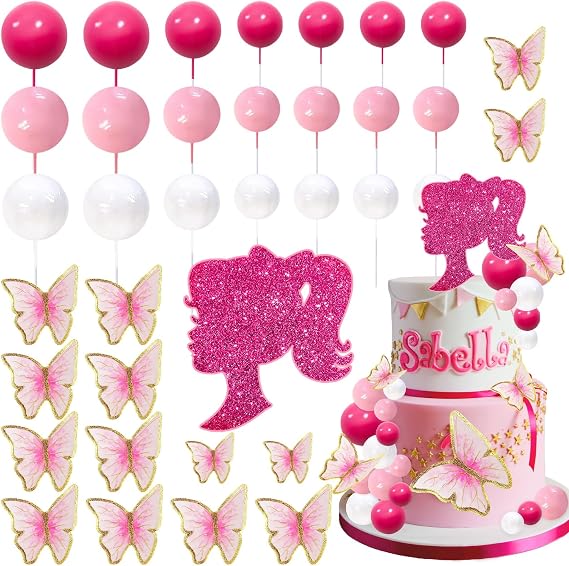 MEMOVAN Hot Pink Girl Cake Toppers 27pcs Pink Ball Butterfly Cake Decoration Princess Theme Cake Decoration for Boho Girls Princess Theme Wedding Baby Shower Birthday Party Supplies
