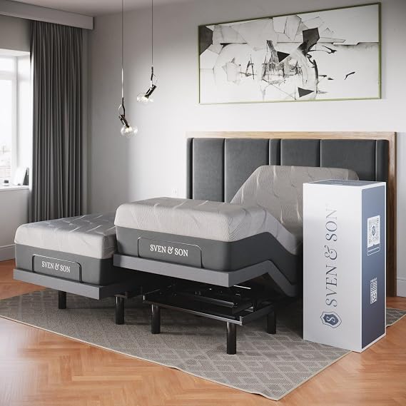 Sven & Son Classic Adjustable Bed Base, Head and Foot Lift, Massage, Under-Bed Lights, USB, Gel Memory, Zero Gravity Smart Frame - Split King  12 inch Memory Foam Matt Medium