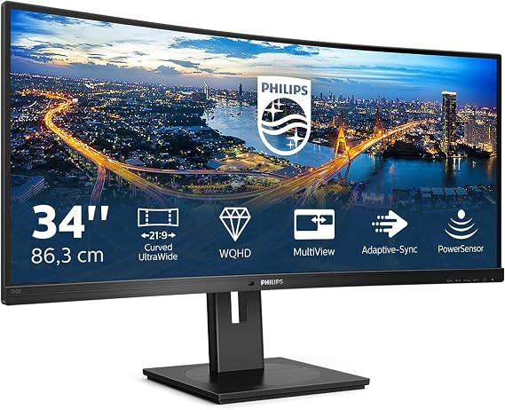 Philips 345B1C - 34 inch Curved WQHD Monitor, 100Hz, 4ms, VA, Speakers, Height Adjust, Power Sensor, USB Hub (3440 x 1440 WQHD, 300 cd/m², HDMI/DP/USB-B/USB 3.2)