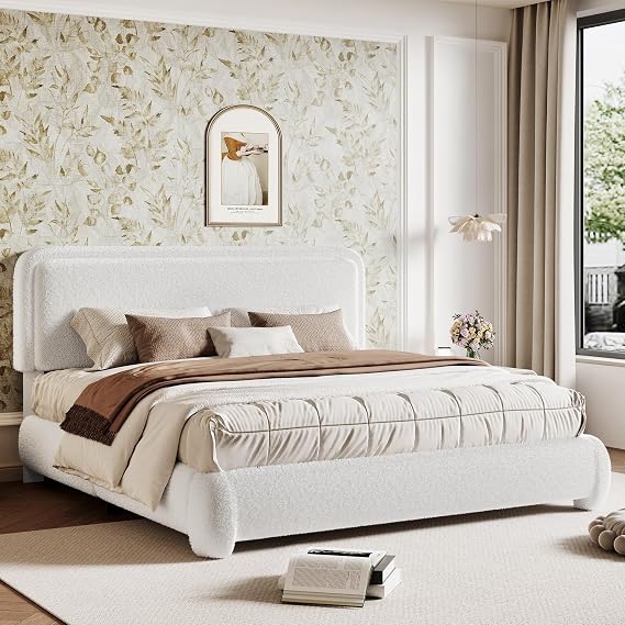 Kelway Upholstered Bed Frame King Size Modern Soft Boucle Bed Frame with Adjustable Heandboard, No Box Spring Needed, Easy Assembly, White