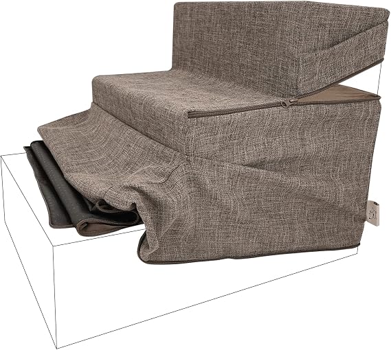 Best Pet Supplies Non-Slip Foam Dog Stair & Pet Ramp, Balanced Indoor Step Support - Foldable Stair Cover, Brown Linen, 3-Step
