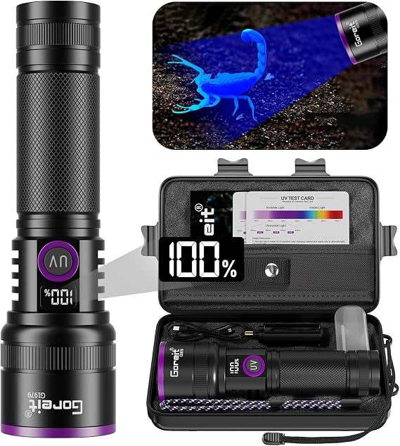 365nm Black Light UV Flashlight Rechargeable with Filter Lens & LCD Display