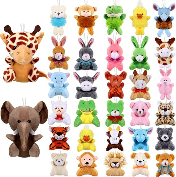 Skylety 32 Pcs Mini Stuffed Animals Bulk, Plush Keychain Small Animal Toys Decoration Gifts, Goodie Bag Fillers Carnival Prize Halloween Christmas Birthday Party Favors(Jungle Animals)