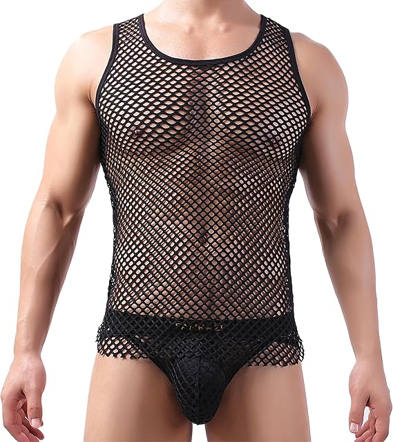 Mens Mesh Sheer Fishnet Muscle Top Fitted Sleeveless Night Clubwear See Through Workout Gym Undershirt Tank Top