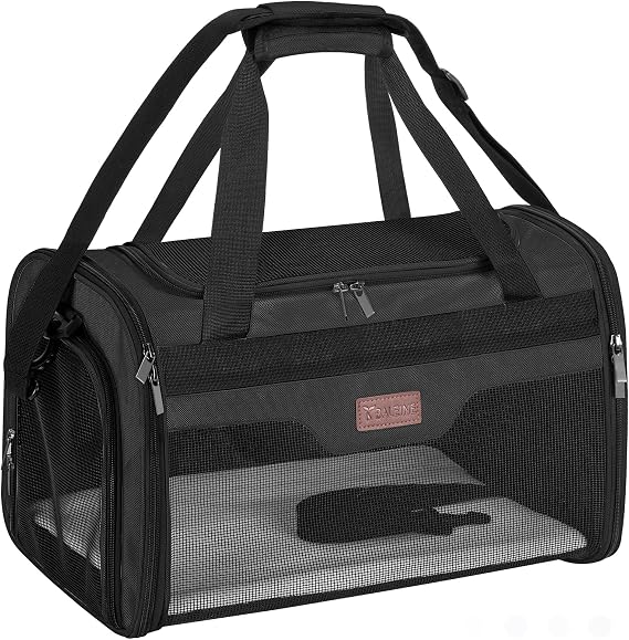 BALEINE Cat Carrier, Puppy Dog Carrier for Small Medium Pets Up to 15 Lbs, Soft-Sided Dog Travel Bag with Safety Zippers, Collapsible Pet Carrying Case (Black, L, 17"x11"x11")